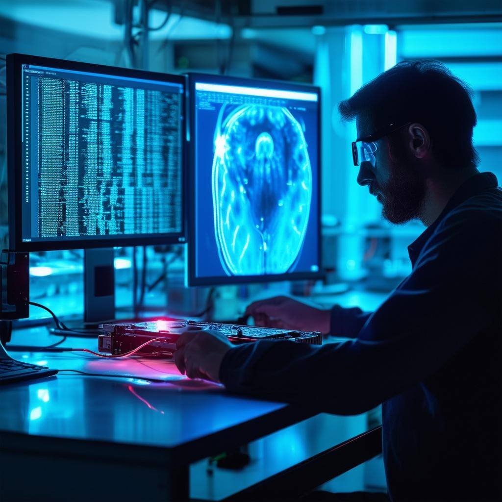 The image features a computer being examined by a digital forensic analyst within a lab with the hard drive connected to another computer being analys