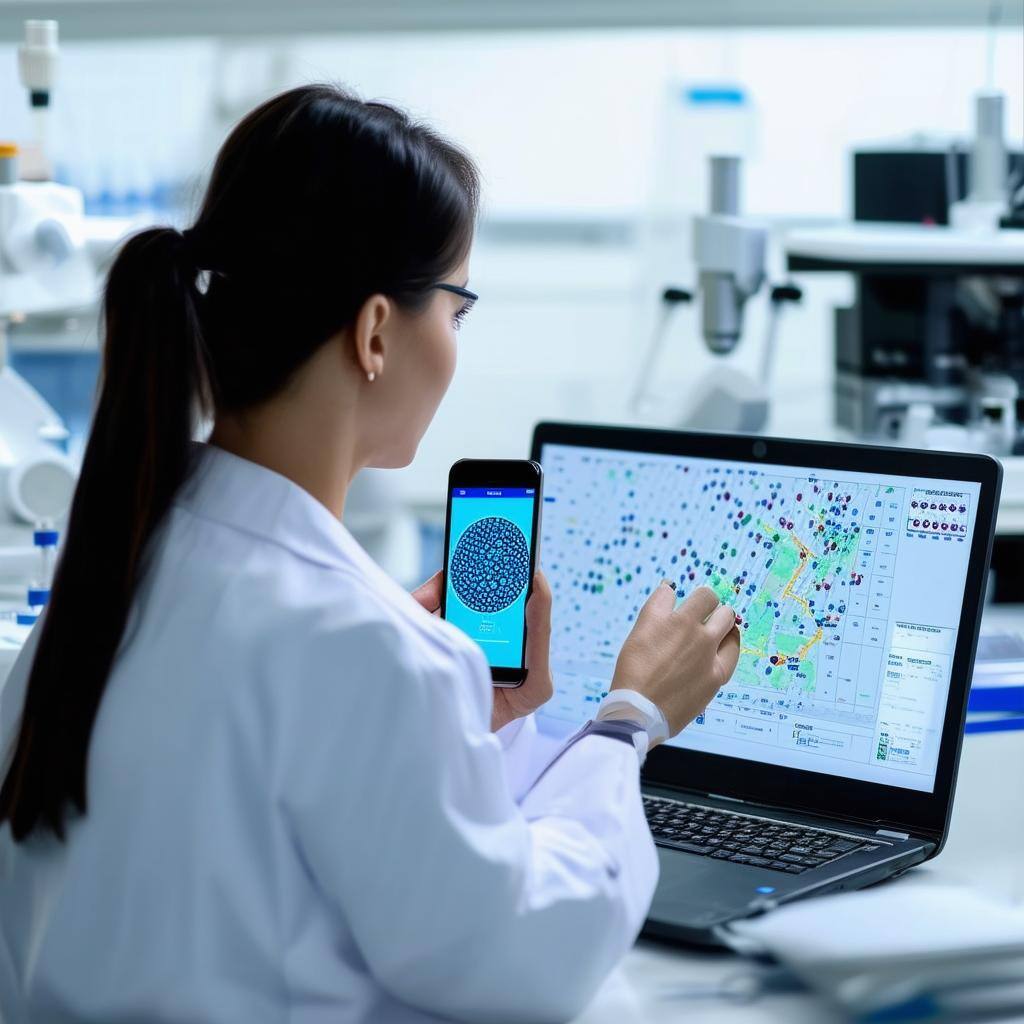 cell site analysis operations displaying a woman in a clinical lab performing a cell site analysis on call data, displaying the location of a mobile p